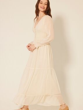 Patrons of Peace Ivory Smocked Waist Maxi Dress Swiss Dot Festival Ruffle- S